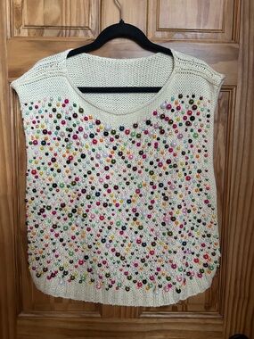 Beaded Cream Knit Tank with Multicolor Pearls